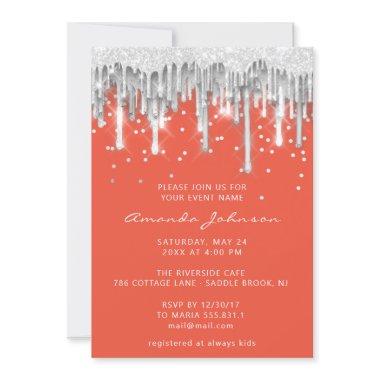 Drip Glitter Bridal Wedding Silver Gray Orange Invitations