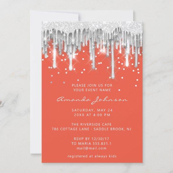 Drip Glitter Bridal Wedding Silver Gray Orange Invitations