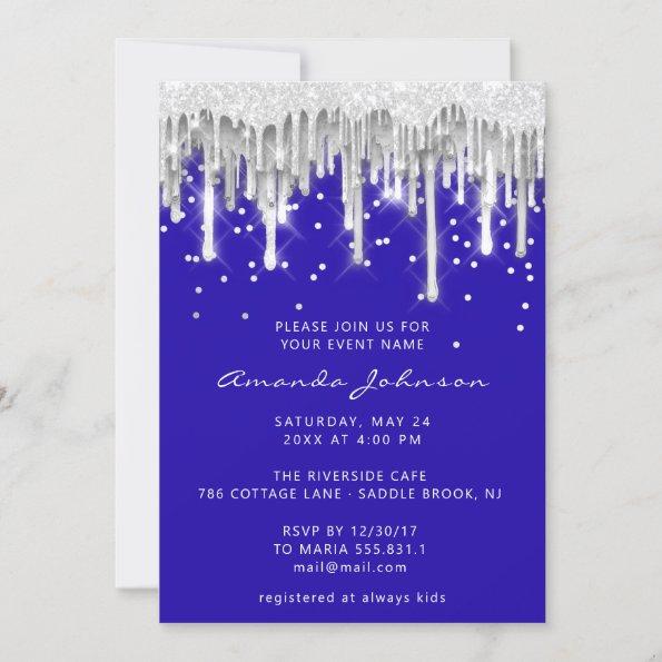 Drip Glitter Bridal Wedding Silver Gray Royal Blue Invitations