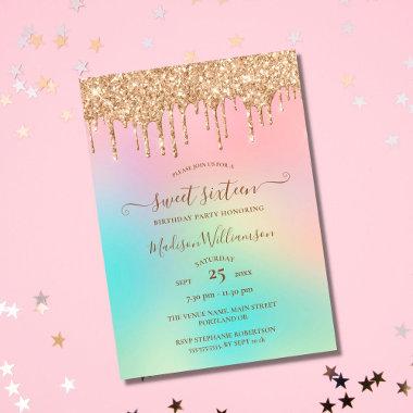 Dripping Gold Glitter & Rainbow Sweet 16 Birthday Invitations