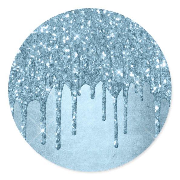 Dripping Ice Glitter | Blue Faux Sparkle Metallic Classic Round Sticker