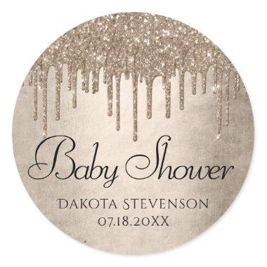 Dripping Taupe Glitter | Champagne Gold Shower Classic Round Sticker