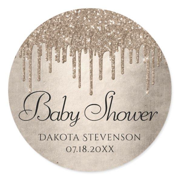 Dripping Taupe Glitter | Champagne Gold Shower Classic Round Sticker
