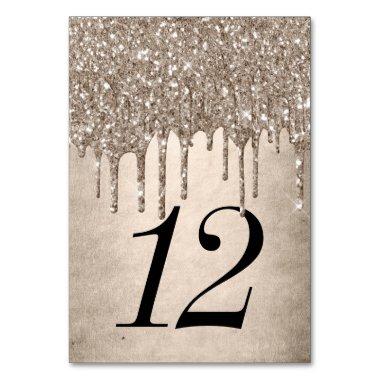 Dripping Taupe Glitter | Champagne Gold Shower Table Number