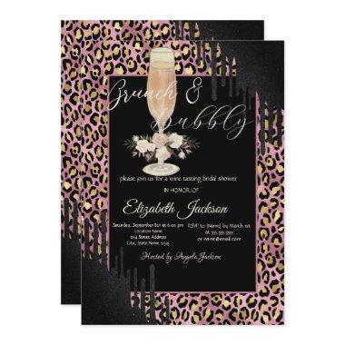 Drips,Glass,Flower Leopard Print Brunch & Bubbly Invitations