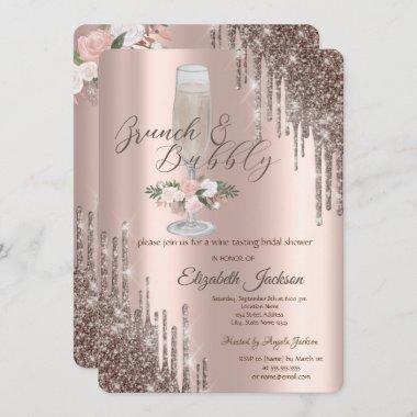 Drips,Glass,Roses Brunch & Bubbly Bridal Shower Invitations