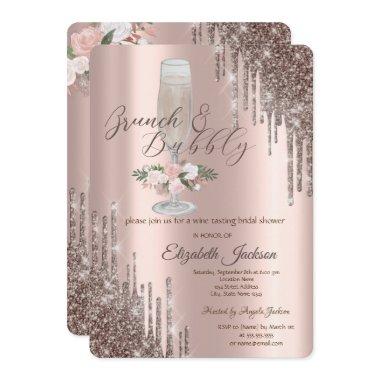 Drips,Glass,Roses Brunch & Bubbly Bridal Shower Invitations