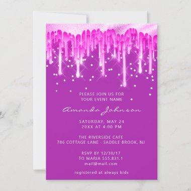 Drips Glitter Bridal Wedding Blue Pink Fuchsia Invitations