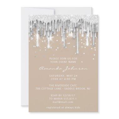 Drips Glitter Bridal Wedding Ivory Silver Gray Invitations