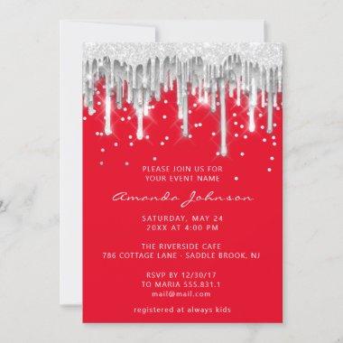 Drips Glitter Bridal Wedding Red Silver Gray Invitations