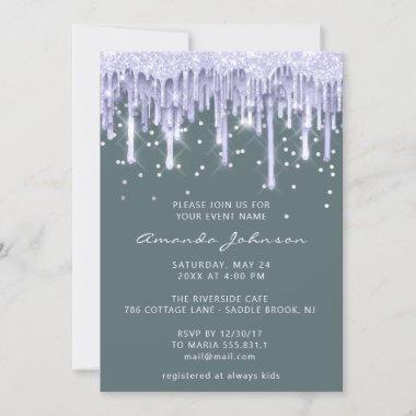 Drips Glitter Bridal Wedding Sweet 16 Purple Mint Invitations