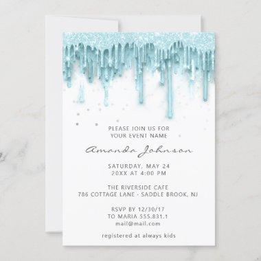 Drips Glitter Bridal Wedding White Aqua Invitations