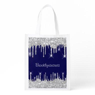 Drips Glitter Effect Blue Navy Courage Name Silver Grocery Bag