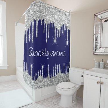 Drips Glitter Effect Blue Navy Silver Gray Name Shower Curtain