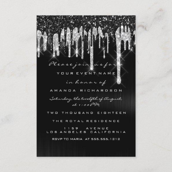 Drips Silver Black Bridal Sweet 16th Wedding Invitations
