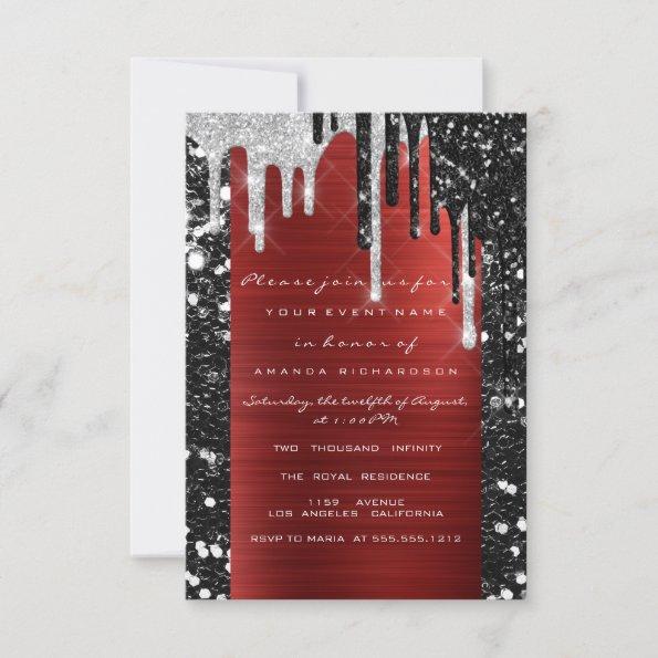 Drips Silver Red Black Bridal Shower Sweet 16th Invitations