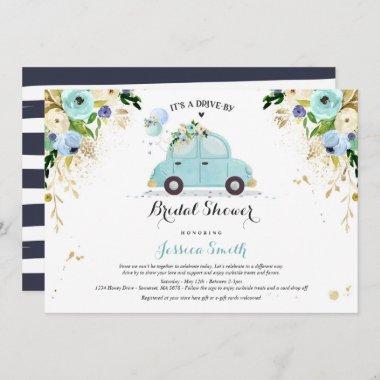 Drive By Bridal Shower Invitations Blue Floral