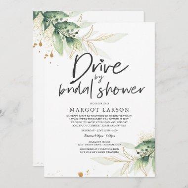 Drive By Bridal Shower Invitations Greenery & Gold