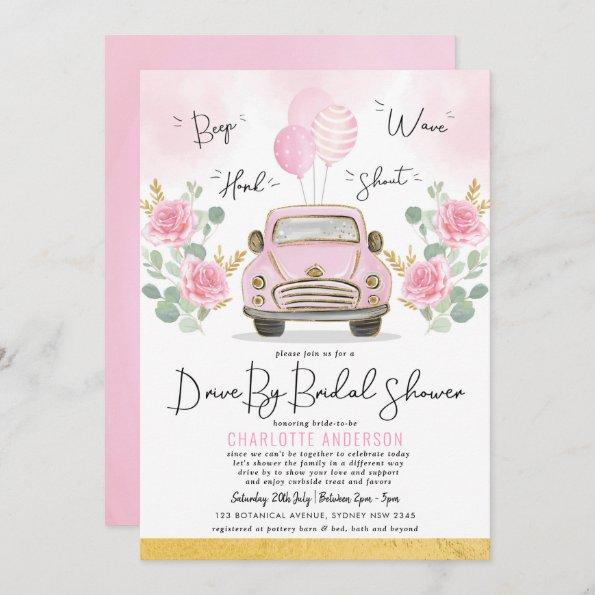 Drive By Bridal Shower Pink Floral Vintage Car Invitations