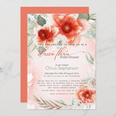 Drive-thru Bridal Shower Bold Coral Flower Invitations