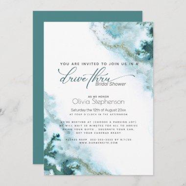 Drive-thru Bridal Shower Teal Watercolor MossAgate Invitations