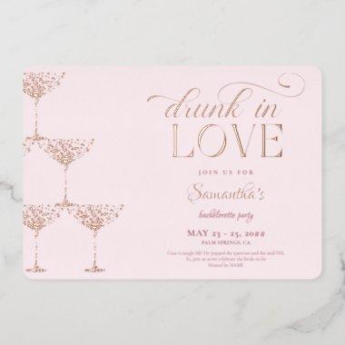Drunk In Love Champagne Tower Pink Bachelorette Foil Invitations