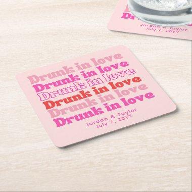 Drunk in Love Personalized Retro Pink Wedding Square Paper Coaster