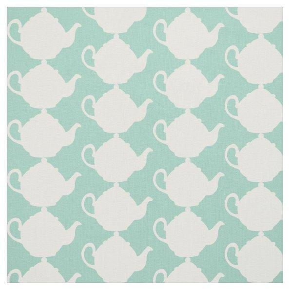 Duck Egg Blue Green and White Teapots Tea Pattern Fabric