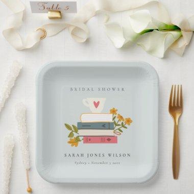 Dusky Blue Stacked Storybooks Floral  Paper Plates