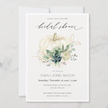 Dusky Blue Succulent Pumpkin Bridal Shower Invite