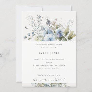 Dusky Blue Watercolor Cottage Flora Bridal Shower Invitations