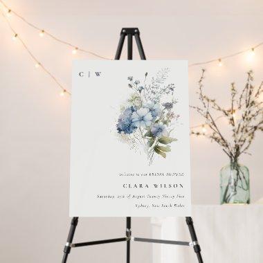 Dusky Blue Watercolor Floral Bridal Shower Welcome Foam Board