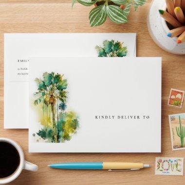 Dusky Green Tropical Watercolor Palm Trees Wedding Envelope