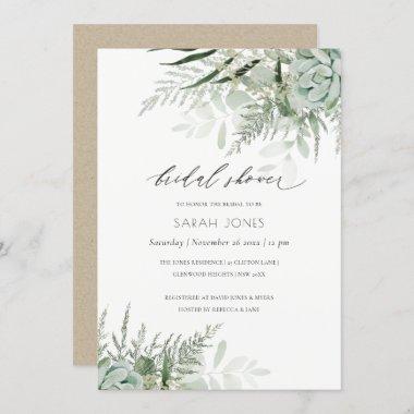 Dusky Leafy Fern Succulent Bridal Shower Invite