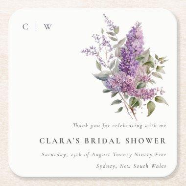 Dusky Lilac Watercolor Cottage Flora Bridal Shower Square Paper Coaster