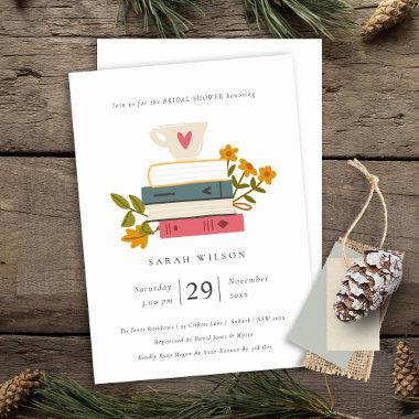 Dusky Stacked Books Floral Bridal Shower Invite