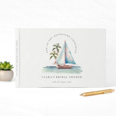 Dusky Teal Sailboat Palm Seascape Bridal Shower Guest Book