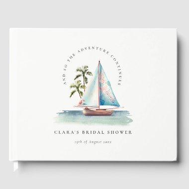 Dusky Teal Sailboat Palm Seascape  Guest Book