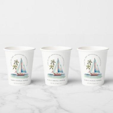 Dusky Teal Sailboat Palm Seascape  Paper Cups
