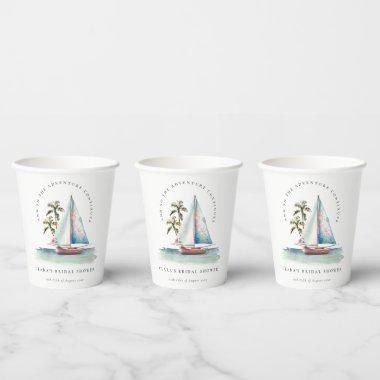 Dusky Teal Sailboat Palm Seascape Bridal Shower Paper Cups