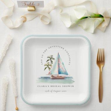 Dusky Teal Sailboat Palm Seascape  Paper Plates