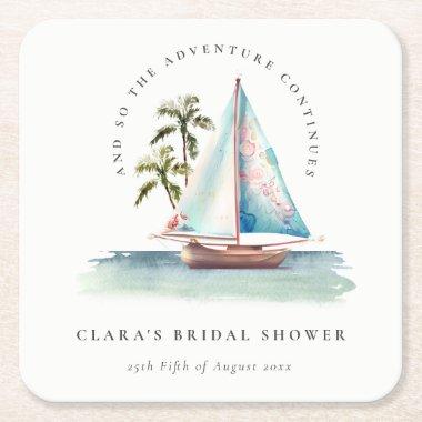 Dusky Teal Sailboat Palm Seascape Bridal Shower Square Paper Coaster