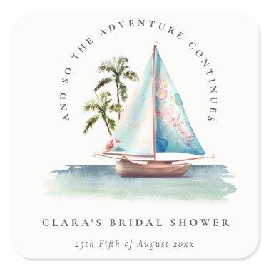 Dusky Teal Sailboat Palm Seascape Bridal Shower Square Sticker