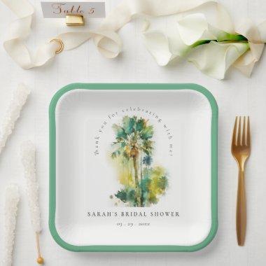 Dusky Tropical Watercolor Palm Trees Bridal Shower Paper Plates