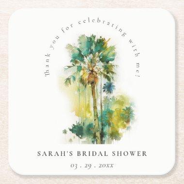 Dusky Tropical Watercolor Palm Trees Bridal Shower Square Paper Coaster