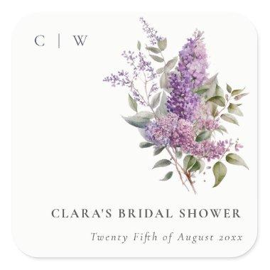 Dusky Watercolor Lilac Cottage Flora Bridal Shower Square Sticker