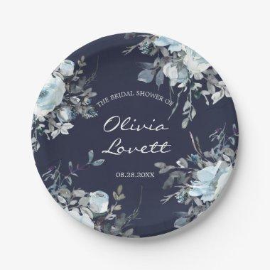 Dusty and Navy Blue Botanical Floral Bridal Shower Paper Plates
