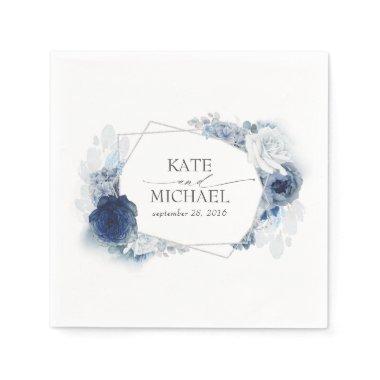 Dusty and Navy Blue Floral Silver Wedding Napkins