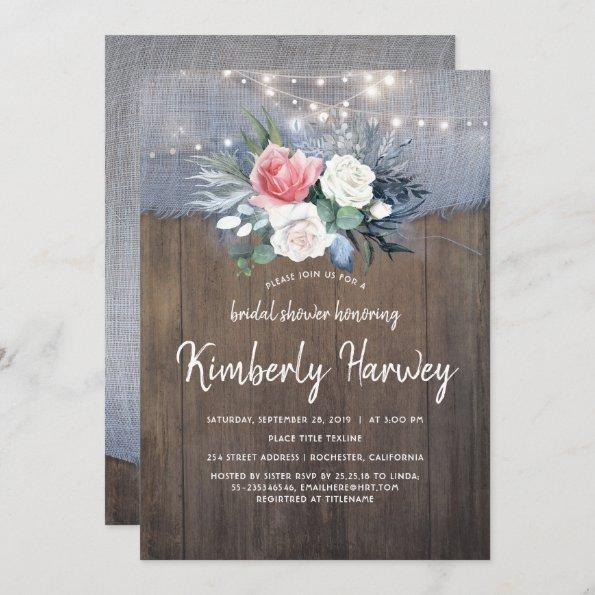Dusty Blue and Blush Floral Rustic Bridal Shower Invitations