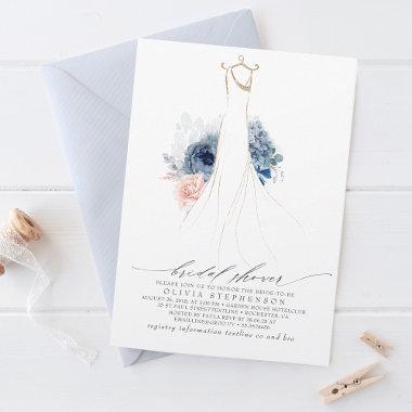 Dusty Blue and Blush Flowers Dress Bridal Shower Invitations